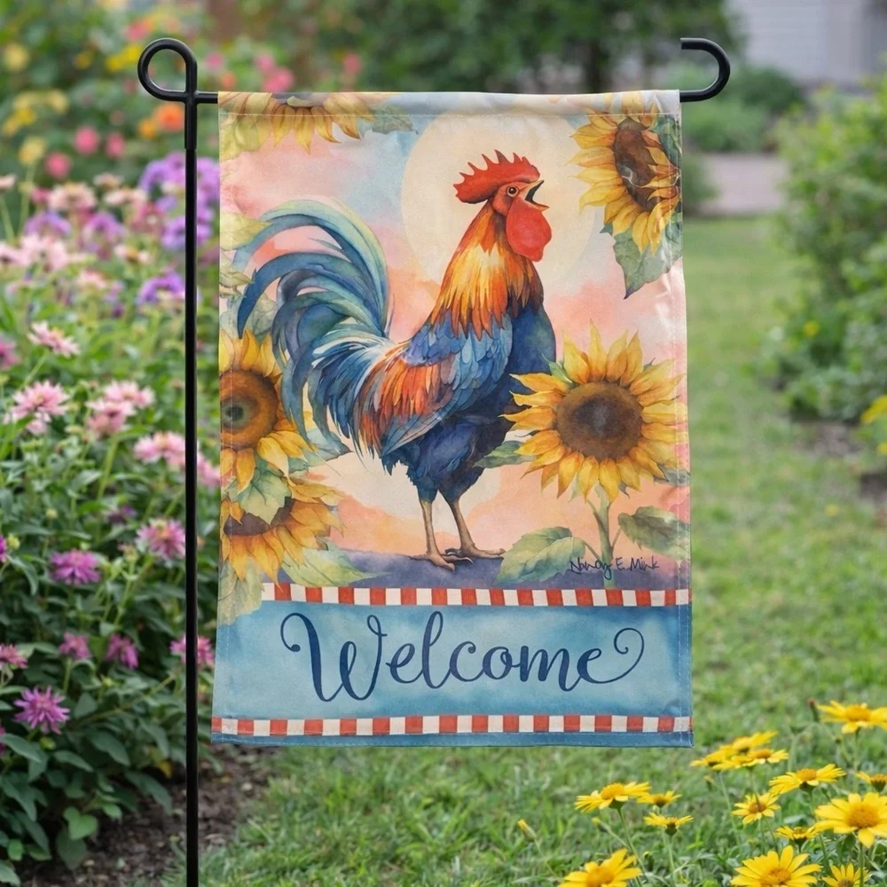 Garden Flag Welcome Rooster Sunflowers Colorful 2 Sided 3D Meadow Creek
